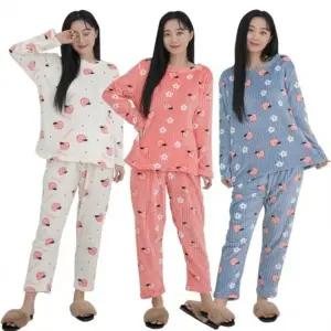 여성 골지 수면 복숭아 잠옷 세트 겨울 스판 주니어 학생 밍크 캐릭터 부드러운 원단