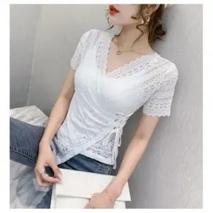 여성용 레이스 브이넥 코르셋 슬림핏 반팔 티셔츠 S21