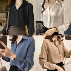 여성 소매 큐빅 단추 베이직 디자인 칼라 블라우스
