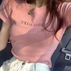 핑크 레터링 슬림 반팔티 여성 여름 캐주얼티셔츠