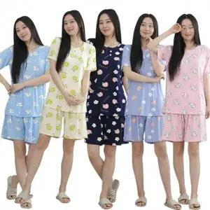 여성 피치 반팔 상하 세트 잠옷 스판 홈웨어 파자마