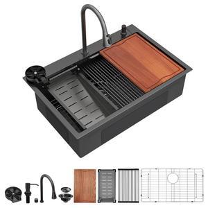 Dcolora 33인치 럭셔리 블랙 워터폴 주방 싱크대 - 수도꼭지 콤보 다기능 탑마운트 스테인리스 스틸 대형 올인원 워크스테이션 세트, DC-SFDOE00022가 포함된 33 22 드롭 인 키친 스마트