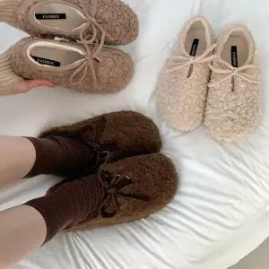 여자 러블리 겨울 리본 양털 덤블 퍼안감 플랫 단화
