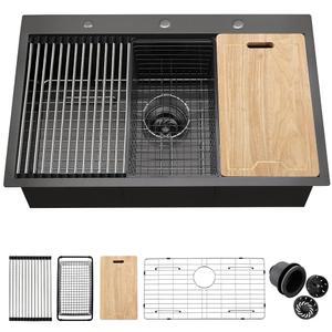 33 블랙 드롭 인 키친 싱크 워크스테이션, ZDHHT x 22 10 인치 16 게이지 스테인리스 스틸 싱글 볼 탑마운트 3개의 구멍 및 액세서리 포함