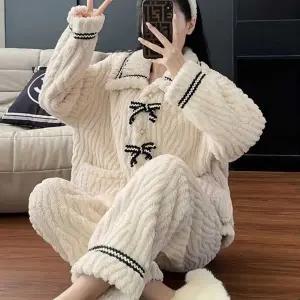 ( )수면 잠옷 상하 세트 겨울 홈웨어 리본 카라 부들이