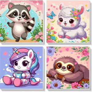 CraftyTime 4팩 프레임 페인트 8~12세 용 귀여운 동물용 초보자용 숫자 키트 쉬운 아크릴 캔버스 아트 앤