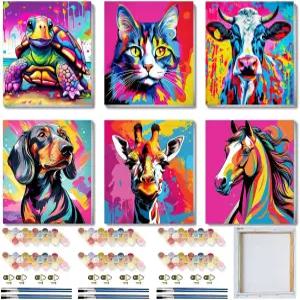 용 숫자 키트로 구성된 6팩 액자 페인트 4-8-12세 말 색상 캔버스로 고양이 기린 초보자용 DIY 8x8인치