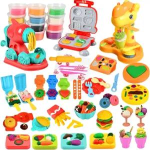 GOVOY 3 in 1 플레이 컬러 도우 60pcs 주방 제작 햄버거 누들 스크림 만들기 기계 모델링 점토(12가지