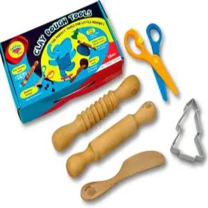 라툴랜드 도우 도구 세트 5개 - 굴리고 자르고 평평하게 만드는 조각 나무 롤러 나이프 안전 가위 주방