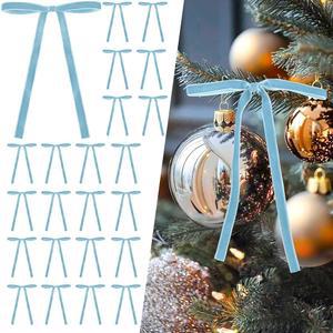 Curvier 25개 빈티지 벨벳 크리스마스 트리 보우 프리타이드 리본 도어 화랜드 장식, 선물, 계단, 5x7 인치, 3/8 인치 와이드 라이트 블루