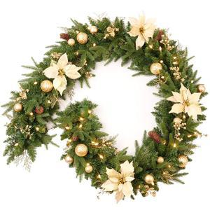 황금 열매와 공, 소나무 원뿔, 꽃, 50개의 배터리로 작동하는 부드러운 흰색 LED 조명과 타이머, 인공 휴일 장식 도어 실외기가 있는 AMERZEST 프리라이트 9피트 크리스마