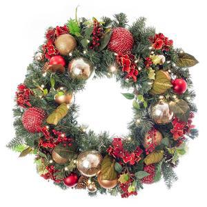 [30인치 인공 크리스마스 화환] - 스칼렛 수국 컬렉션 빨간색과 금색 장식 50개의 따뜻한 투명 LED 미니 조명으로 프리 라이트 리모컨 배터리 구동 타이머 포함