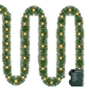 펀페니 크리스마스 화환 장식, 15피트 프리라이트 인조 화환, 50개의 LED 스트링 조명, 가정용 결혼식 벽난로 파티 장식용 배터리 작동 조명 따뜻한 흰색