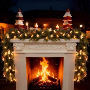 더슬 6피트 크리스마스 가랜드, 라이트 배터리로 작동하는 솔방울 레드 베리, 윙클 스노우플레이크 & 트리 혼합 LED 조명 맨틀 장식 실내 야외