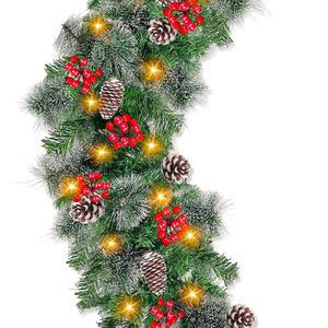 6피트 x 10인치 프리라이트 인공 크리스마스 화환, 30개의 따뜻한 조명 타이머 배터리 작동 150개의 눈 덮인 브리스틀 소나무 가지 56개의 빨간색 베리 8개의 장식 가정용