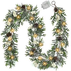 조명이 있는 6피트 크리스마스 화환, 장식 실내 사전 인조 소나무 배터리 작동 타이머가 홈 홀리데이 장식, 맨텔 창문 계단 벽을 위한 군중 화환