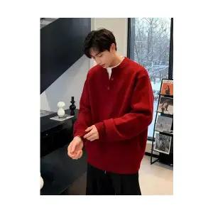 남성 유행각 라운드넥 니트 가짜 레드 헨리넥 스웨터 2종 겨울 도톰한 새해 라운드 커플 OOTD4