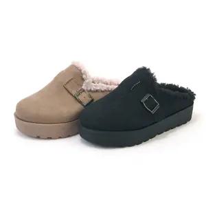 국내생산 포우2 스웨이드 통굽 털 슬리퍼 3.5cm