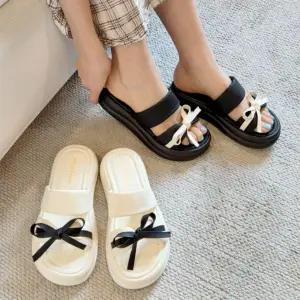 여성 러블리 리본 더블 스트랩 푹신 슬리퍼 샌들