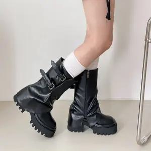 여성 가죽 레그워머 집업 플랫폼 부츠 더블 벨트 미들슈즈