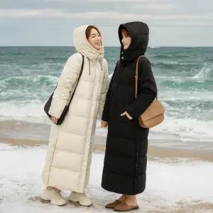 여성 겨울 롱패딩 후드점퍼 따뜻한 롱다운 발목기장 보온 롱코트형 아우터