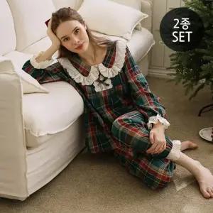 [2종세트] 레이스 빅카라 크리스마스 체크 파자마 상하세트