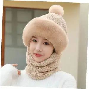 여성 밍크털 모자 넥워머 세트 겨울 방한 후드 머플러 일체형 보온 털모자