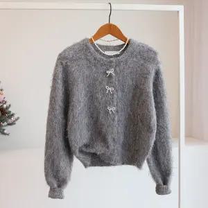 [잇수다] 모느본 헤어리 진주리본 라운드 울 니트 가디건