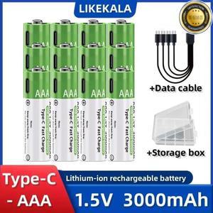 LIKEKALA 리튬 이온 AAA 충전지 Type-C 3000mAh 1.5V + 데이터 케이블 및 보관함