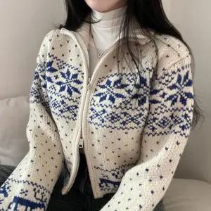 (투웨이 집업) 노르딕 크롭 눈꽃 루돌푸 집업니트