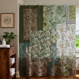 모시카 빈티지 보호 샤워 커튼 녹색 레트로 플로럴 욕실 장식 방수 원단 미드 센추리 농가 꽃 패치워크 목욕 커튼, 72 X 인치