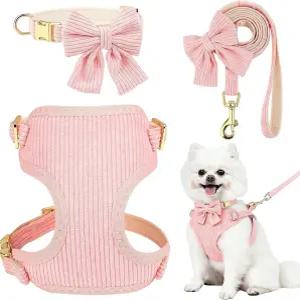 로즈 유스 개 목걸이 및 목줄 세트 보타이 소형견용 걸 금속 버클 조절 가능 (핑크 M 넥 13-22 가슴 16-21