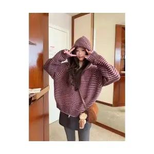 여자 후드 가디건 카디건 폴라 긴팔 상의 니트 겨울 스트라이프 집업 따뜻한 스웨터 ST4