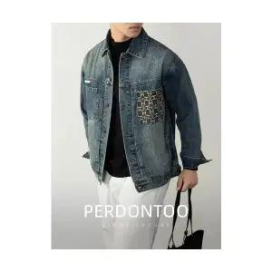 픽호샵 남자 키작남 청자켓 워싱 데님 재킷 가을 겨울 포켓 꽃무늬 캐주얼 코트 꾹4