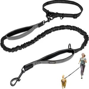 조이펫토 4-6피트 핸즈프리 개 목줄 - 조절 가능한 허리 벨트(28-47인치) 충격 흡수 번지 강화 손잡이 2개