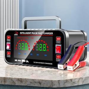 12V/24V 스마트 오토바이 배터리 충전기 10/5A 자동차 대형 화면 펄스 복구 AGM GEL WET 납축전지