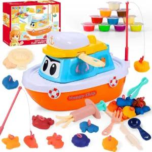 3세 이상 를 위한 크렐로시 해피 낚시배 플레이 컬러 도우 세트에는 해산물 몰드 8개 낚싯대 2개 반죽 도구
