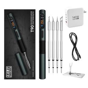 ALIENTEK 140W 납땜 인두 키트, T90 고속 가열 디지털 조절 가능 온도 PD3.1 /QC, Type-C 휴대용 OLED 화면 디스플레이 USB 펜 C245 (T90B 세트)