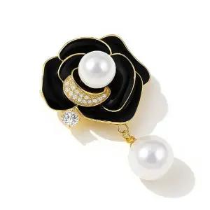 블랙앤화이트 엘레강스 무드 로즈 장미 진주 미니 브로치 블랙