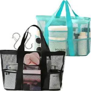 펀스돌라 2팩 대형 메시 캐리올 토트 비치백 - 2S 후크가 달린 화장실 여행용 프론트 백 포켓 지퍼 수납