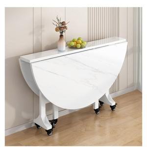 원형 식탁 공간활용 이동식 100x75cm 대리석 패턴 바퀴 테이블 화이트 다리 블랙