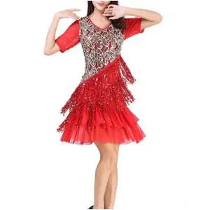 댄스복 방송 여성 라틴 원피스 사교 레드 M 라인댄스옷 스포츠