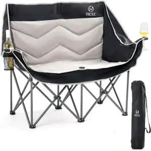 Nice C 러브시트 캠핑 의자 더블 야외 소파 오버사이즈 패딩 접이식 쿨러백 및 와인잔 홀더 포함 (블랙