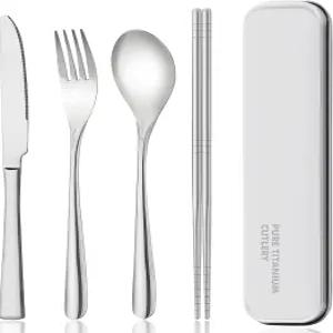 Zing TTI 티타늄 식기 세트 박스 포함 여행용 포크 나이프 젓가락 및 스푼 휴대용 디자인의 케이스에 담겨