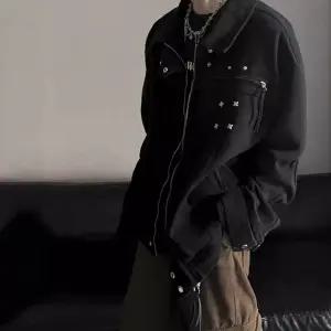 샤오원샵 남자 키작남 청자켓 빈티지 블랙 데님 코트 추동 마이너리티 칼라 재킷 꾹4