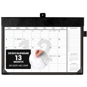 책상 달력 -2026, 12월 -12월 2026, 할 일 목록이 있는 대형 달력, 직장 사무실 가정 여성 남성용 PVC 커버가 13개월 가죽 패드 벽 17 x 12, 블랙