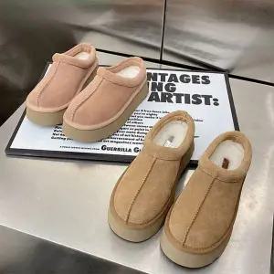 [옷자락]여성 가죽 통굽 키높이 퍼안감 슬리퍼