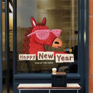 새해 붉은 말의 해 창문스티커 정전기 시트지 해피뉴이어 2026 유리창 쇼윈도 자수 캐릭터