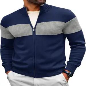런카티 남성 풀 집 가디건 스웨터 캐주얼 니트 스탠드 칼라 슬림 핏 컬러 블록 가을 겨울