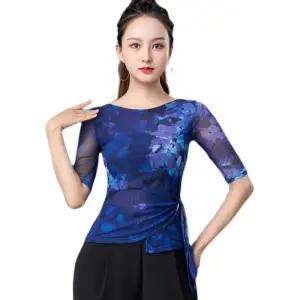 블루 라인댄스 댄스 댄스복 라틴 망사 공연복 꽃무늬 살사 스포츠 의상 연습복 상의